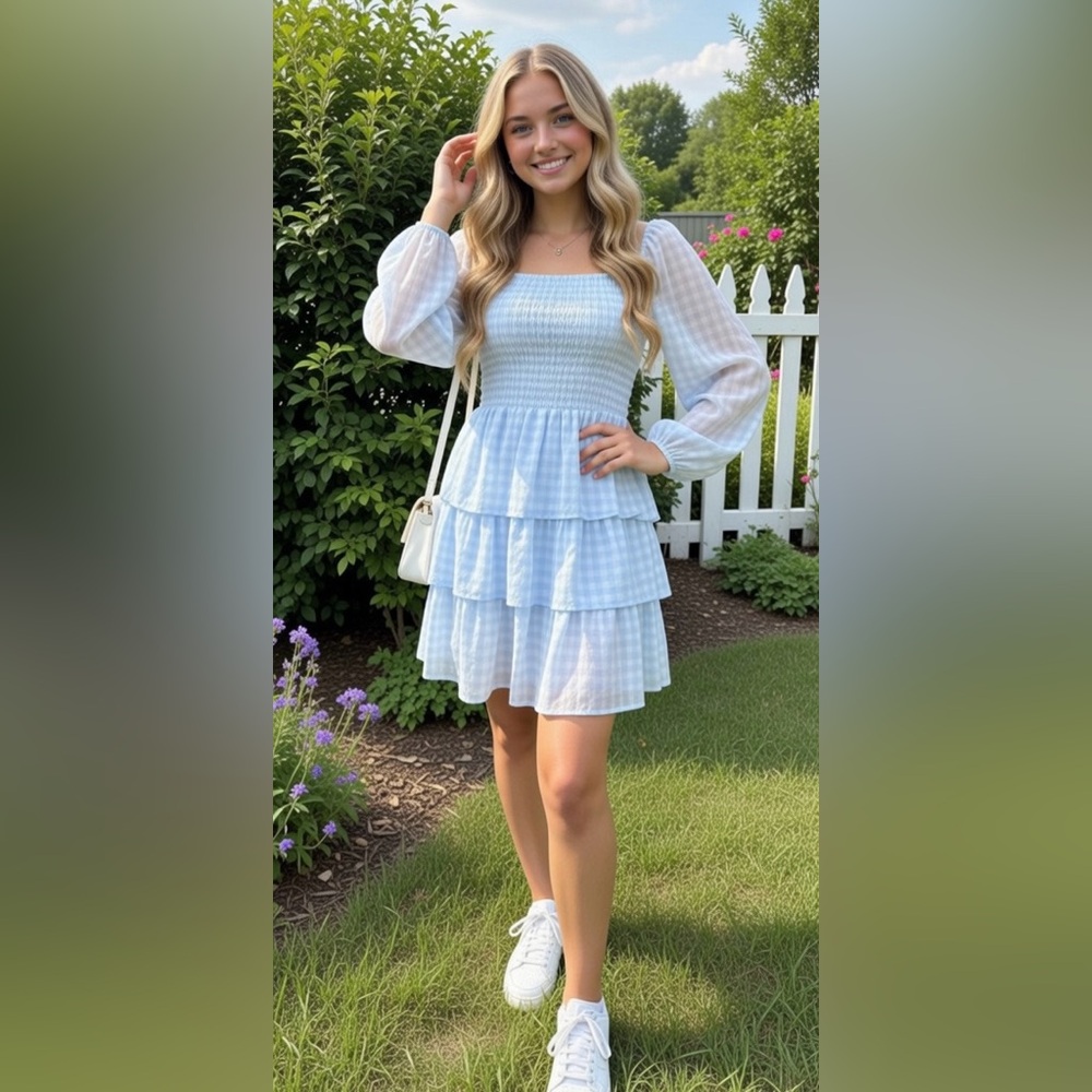 Madden NYC Light Blue Checkered Mini Dress – Wear On or Off Shoulder 💙 - Picture 2 of 8
